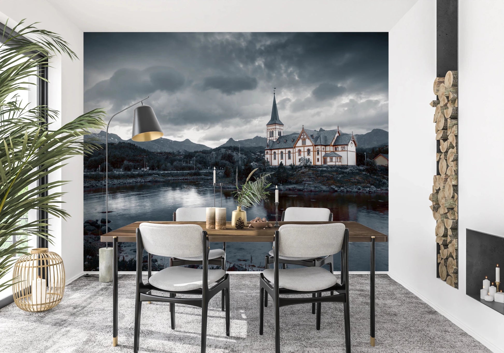 Sacred Shores wallpaper mural of a dramatic church scene in a dining room with a wood table and black and white chairs