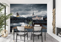 Sacred Shores wallpaper mural of a dramatic church scene in a dining room with a wood table and black and white chairs