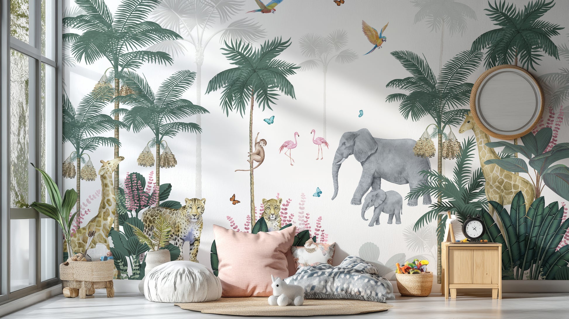 Safari-themed wall mural with playful wildlife.

