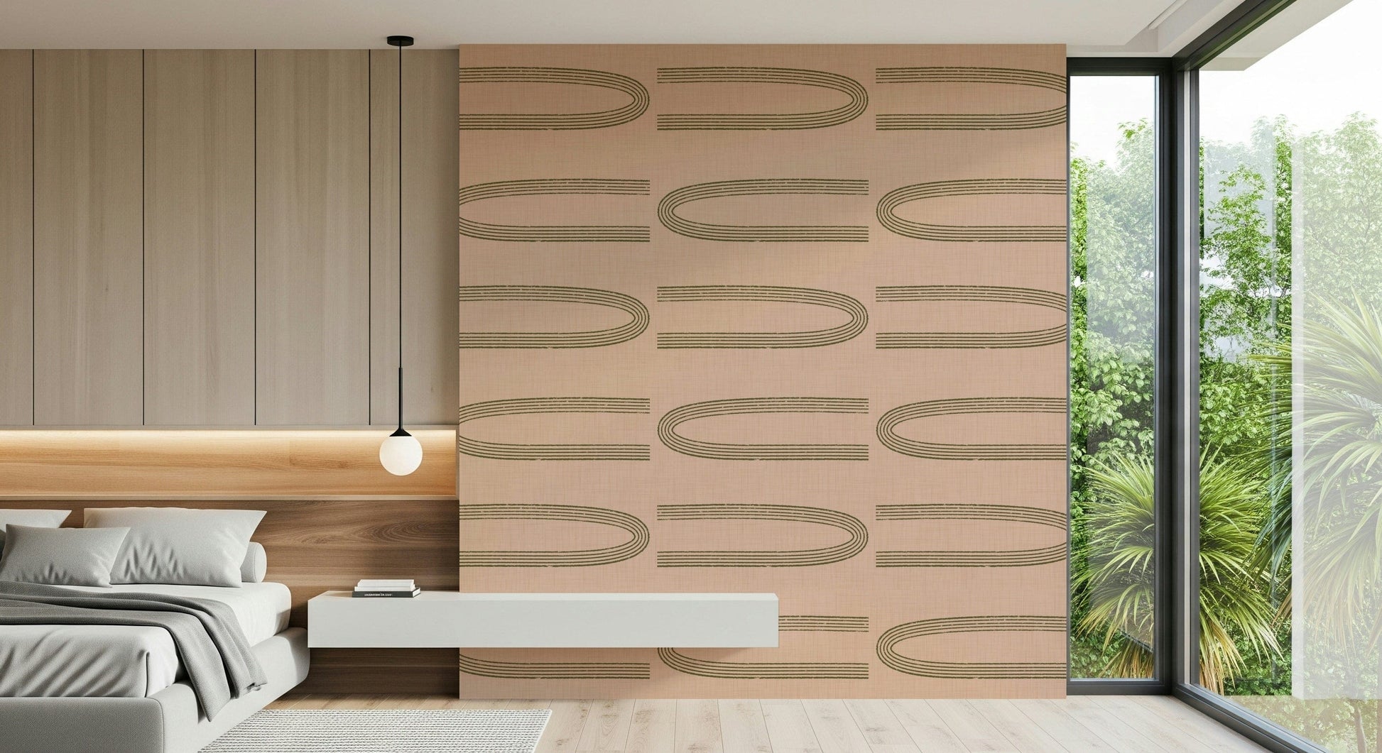 A graceful subtle geometric wall mural in soft, elegant tones.

