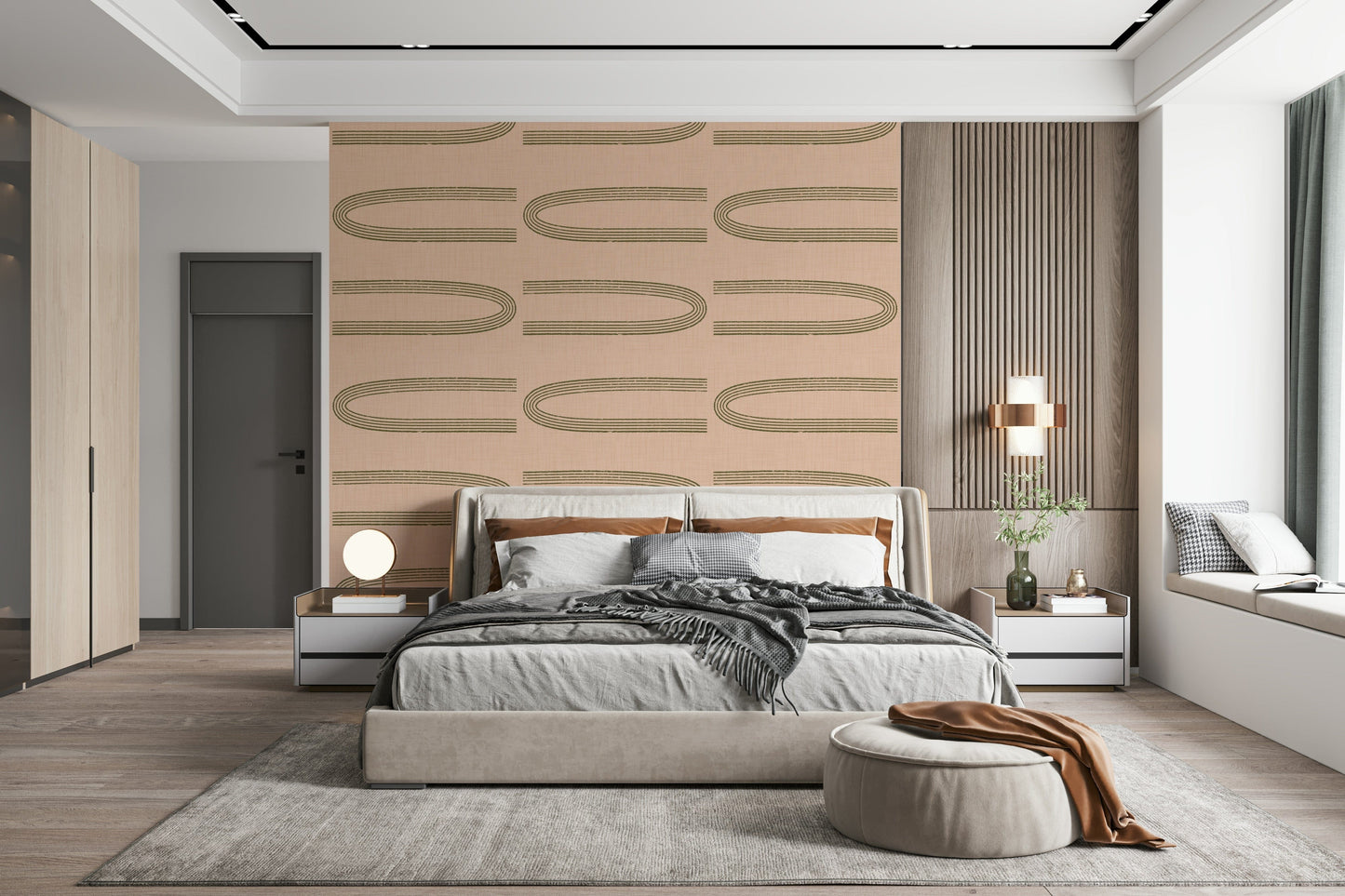 An artistic geometric arch mural on minimalist wallpaper.

