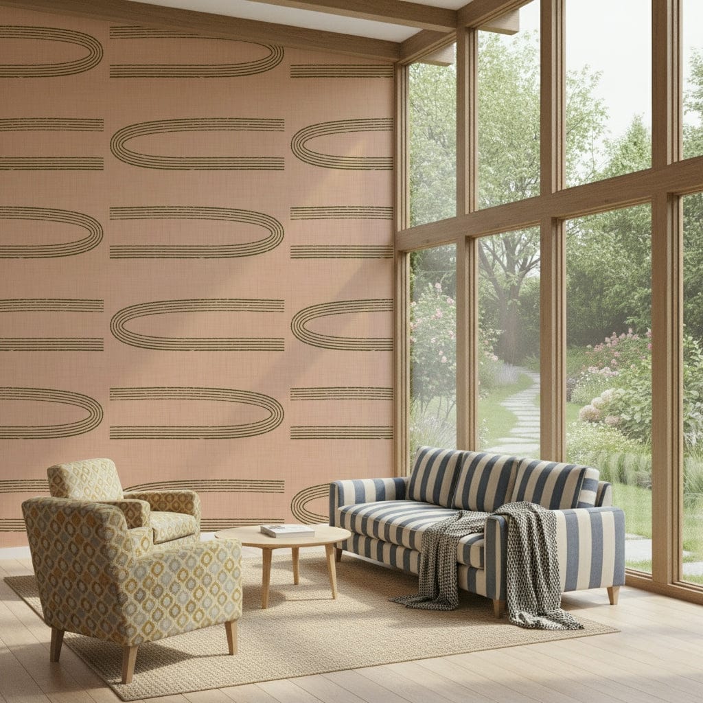 A serene mid-century modern wall mural with abstract lines.

