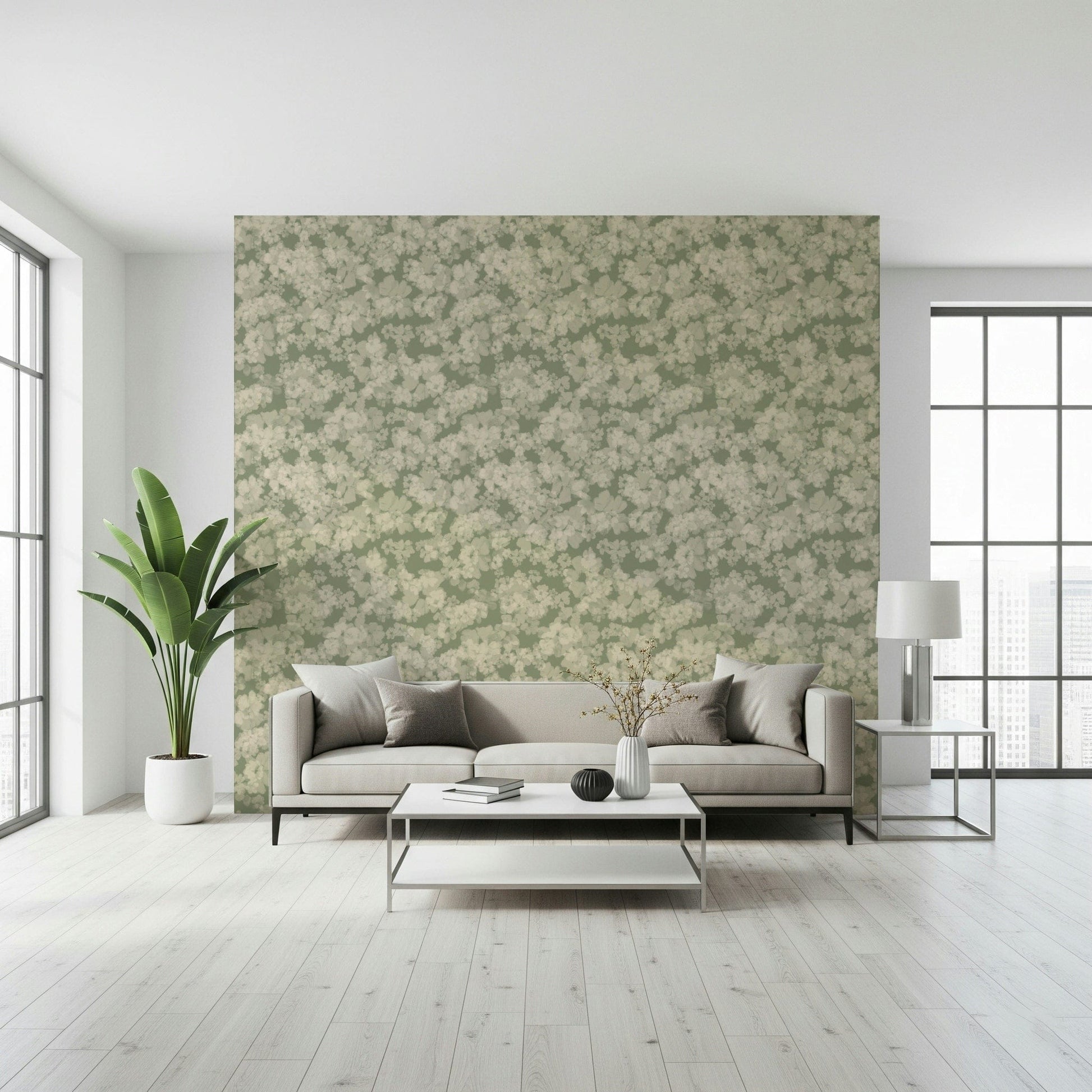 Layered light flower shapes give depth to Painterly Soft Blossom Wallpaper pattern.