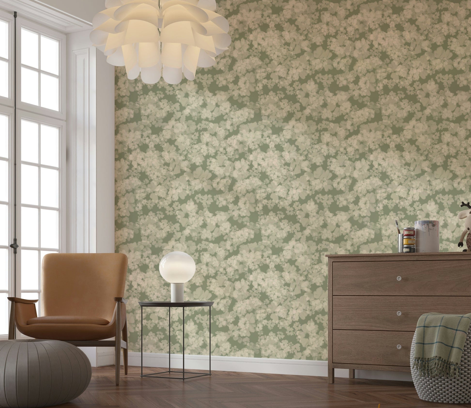 Muted khaki and cream tones define Painterly Soft Blossom Wallpaper for walls.