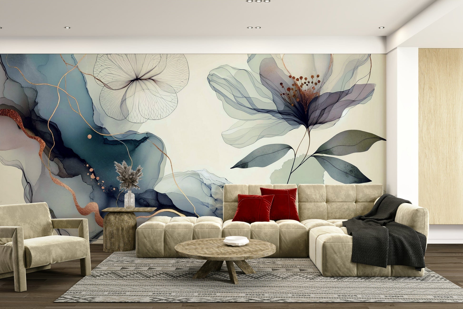 An elegant wall mural with a sage motif.