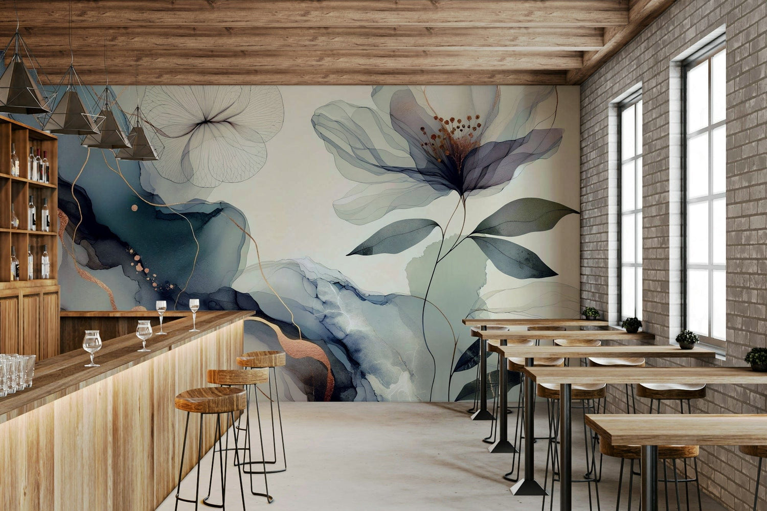 An interior view showing a wall decorated with a Dreamy Sage Garden Blue Wall Mural.
