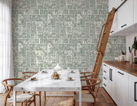 Soft green botanical floral wallpaper with structured layout