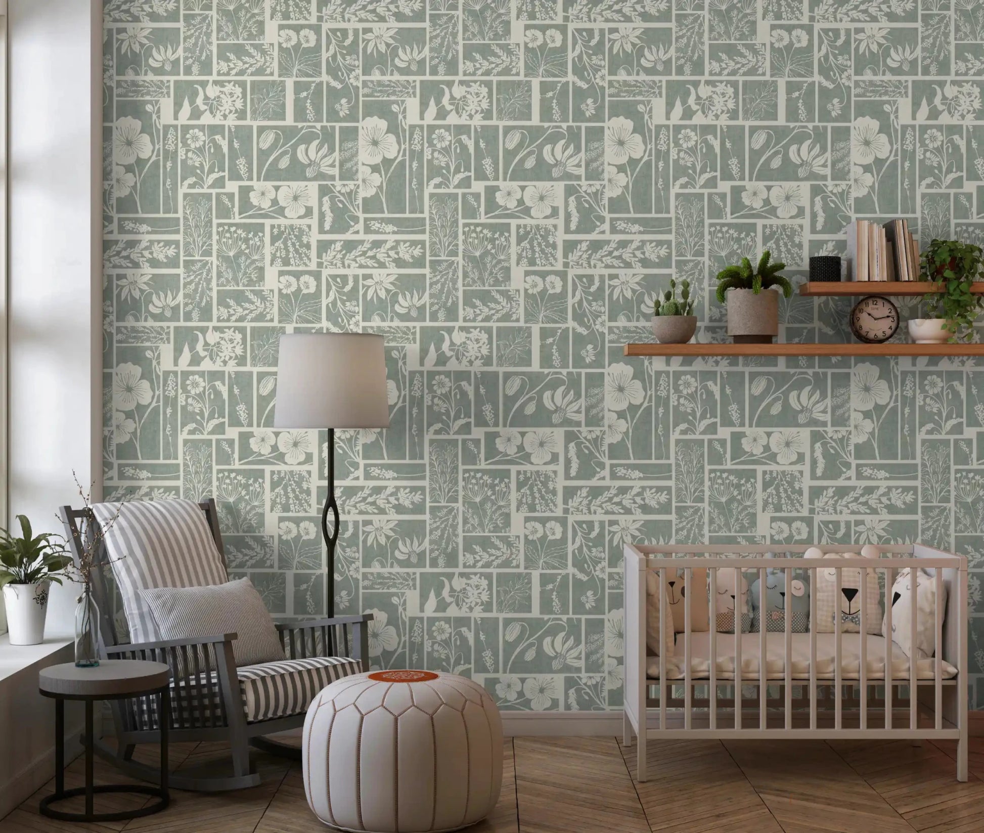 Neutral green wallpaper with botanical patch style