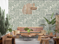 Sage botanical collage wallpaper with tile grid design