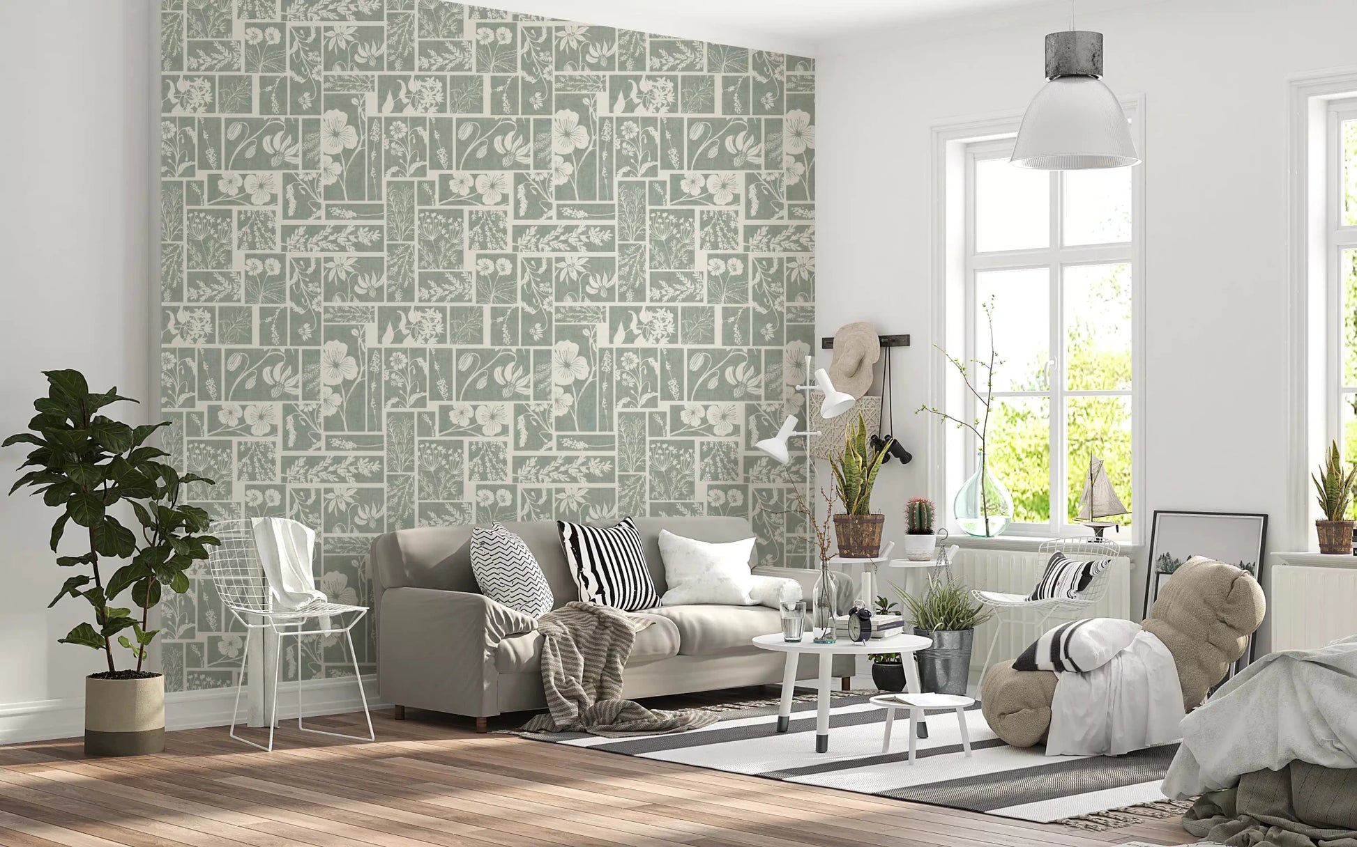 Botanical tile wallpaper with muted sage tones