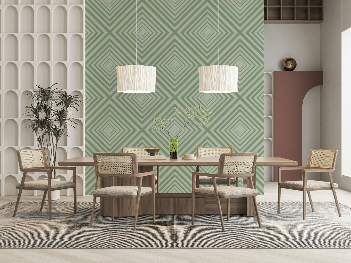 Stylish Geometric vertical zig-zag wallpaper chic interior styling.