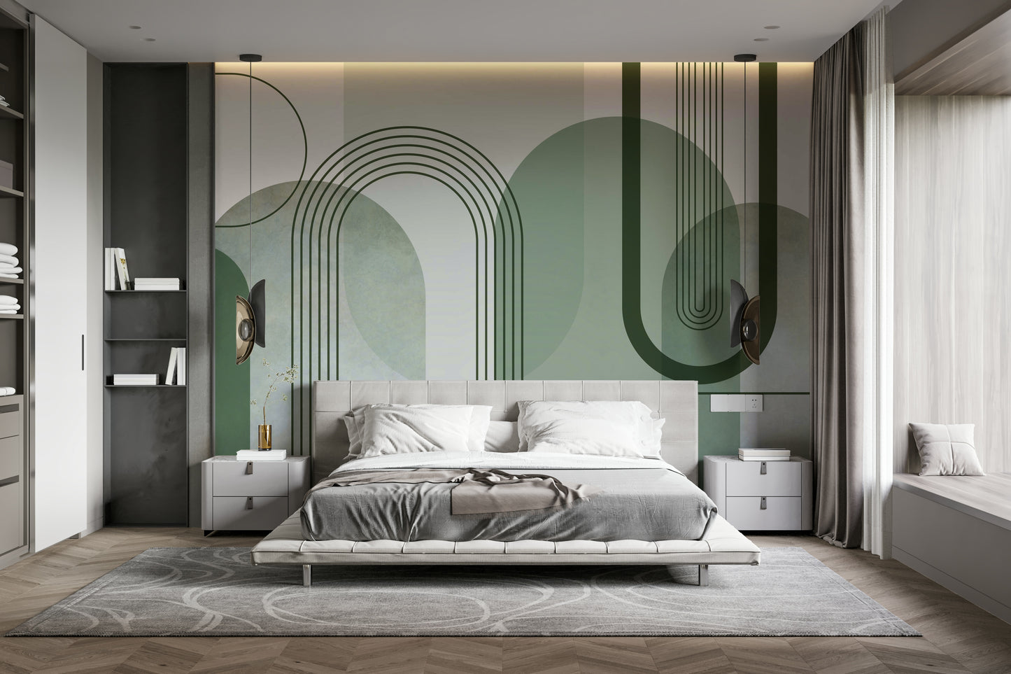 Sage Green Archways wallpaper mural filling the headboard wall of a modern bedroom with grey bedding and nightstands