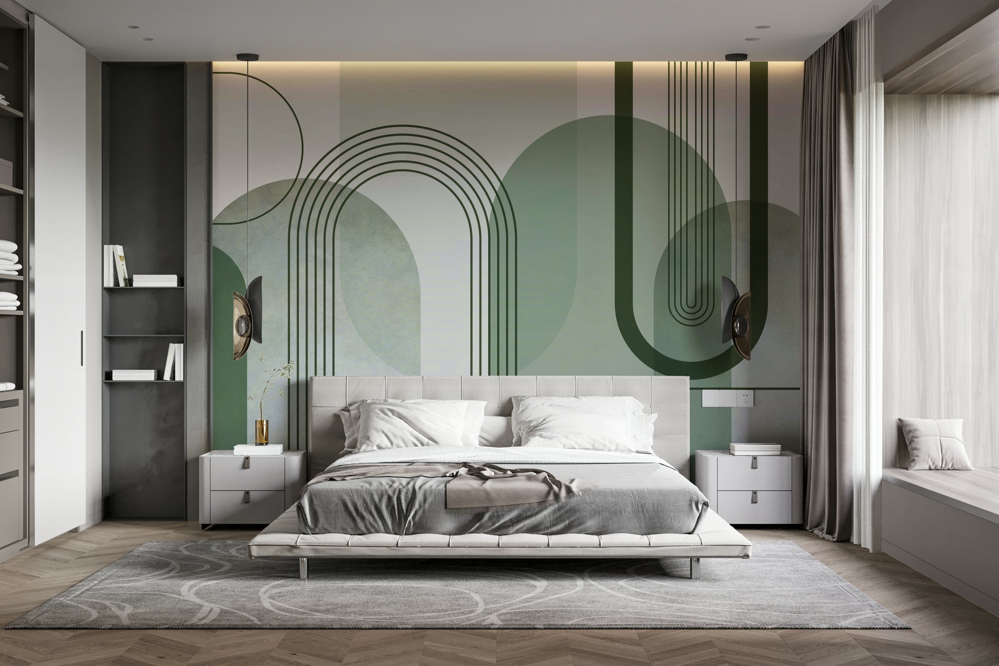 Sage Green Archways wallpaper mural filling the headboard wall of a modern bedroom with grey bedding and nightstands