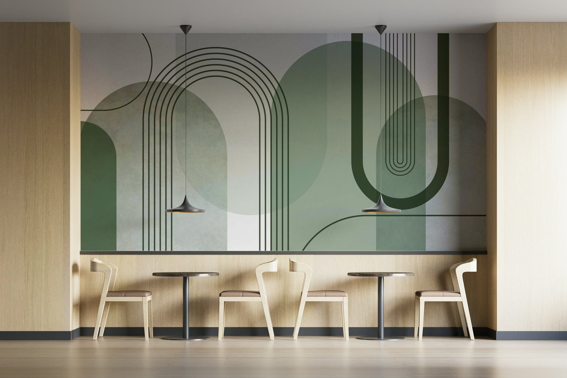 Sage Green Archways wallpaper mural in a cafe with light wood walls, small round tables and black pendant lamps