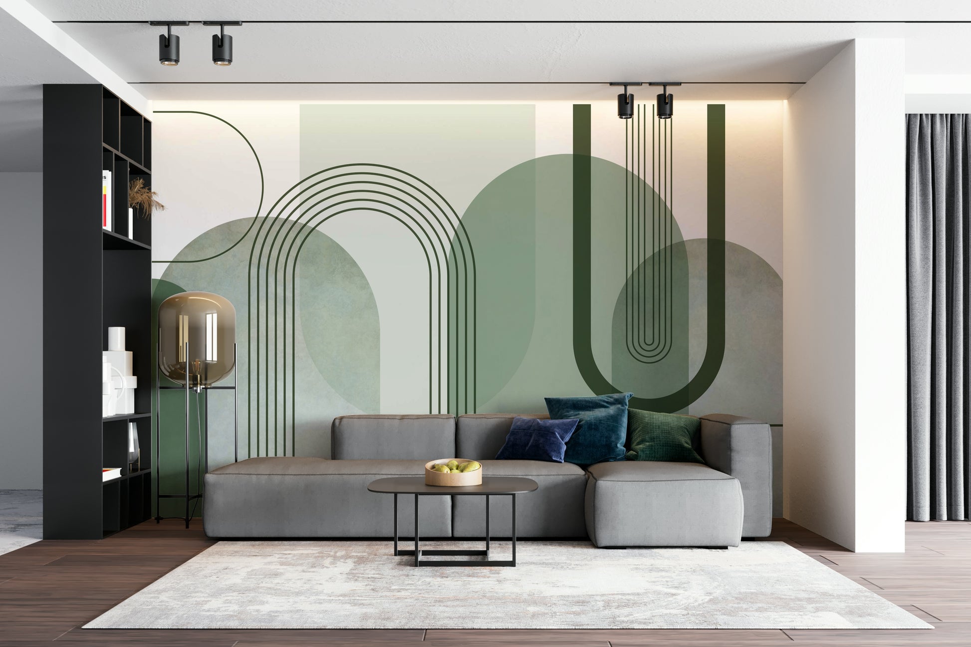 Sage Green Archways wallpaper mural behind a grey sectional sofa with navy cushions and a brass floor lamp in a living room