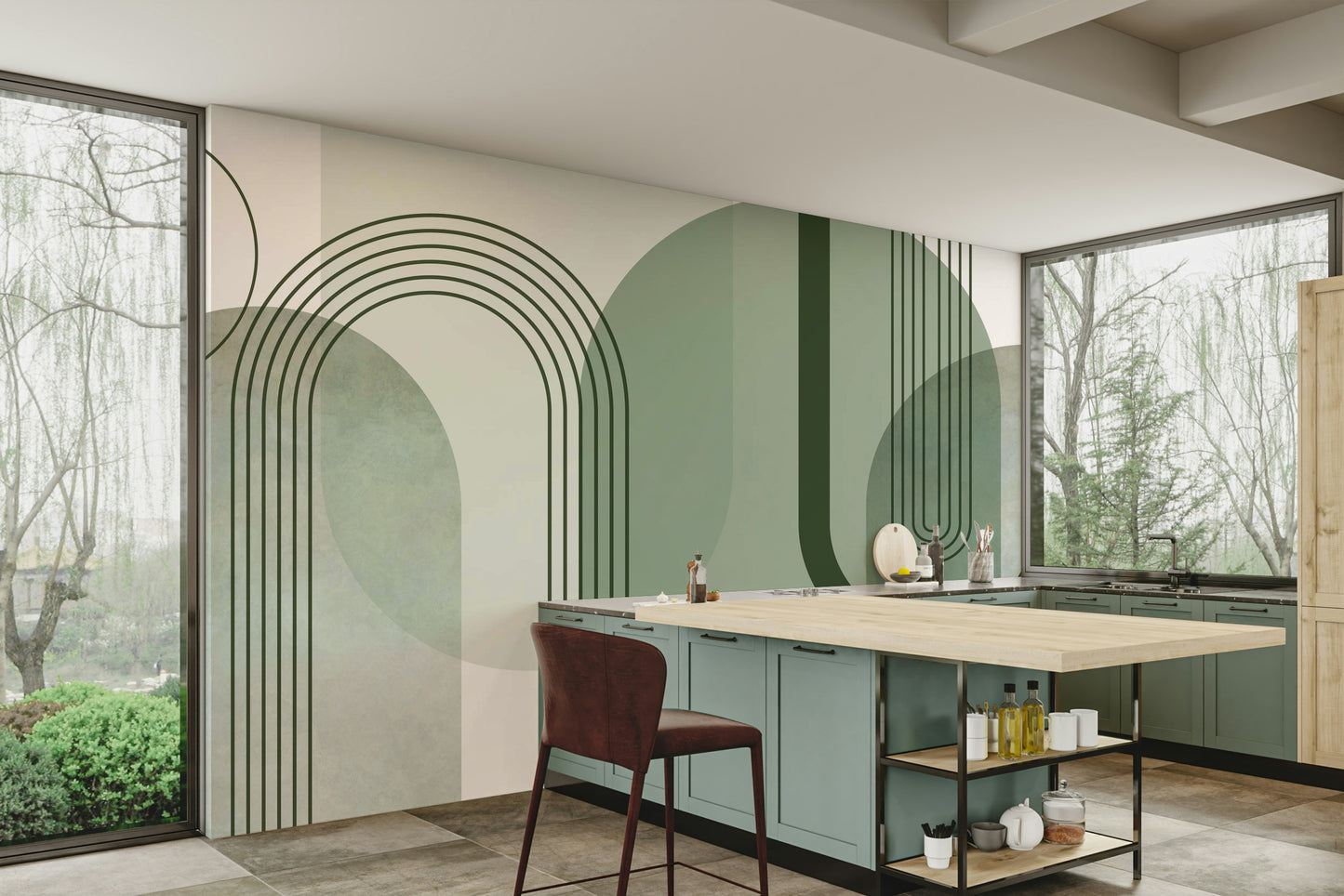 Sage Green Archways wallpaper mural in a kitchen with sage-green cabinets, a wood island and a red bar stool