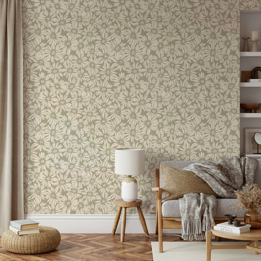 A full-wall mural showing a pattern of daisies.
