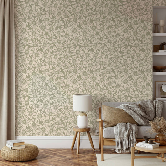A full-wall mural showing a pattern of daisies.
