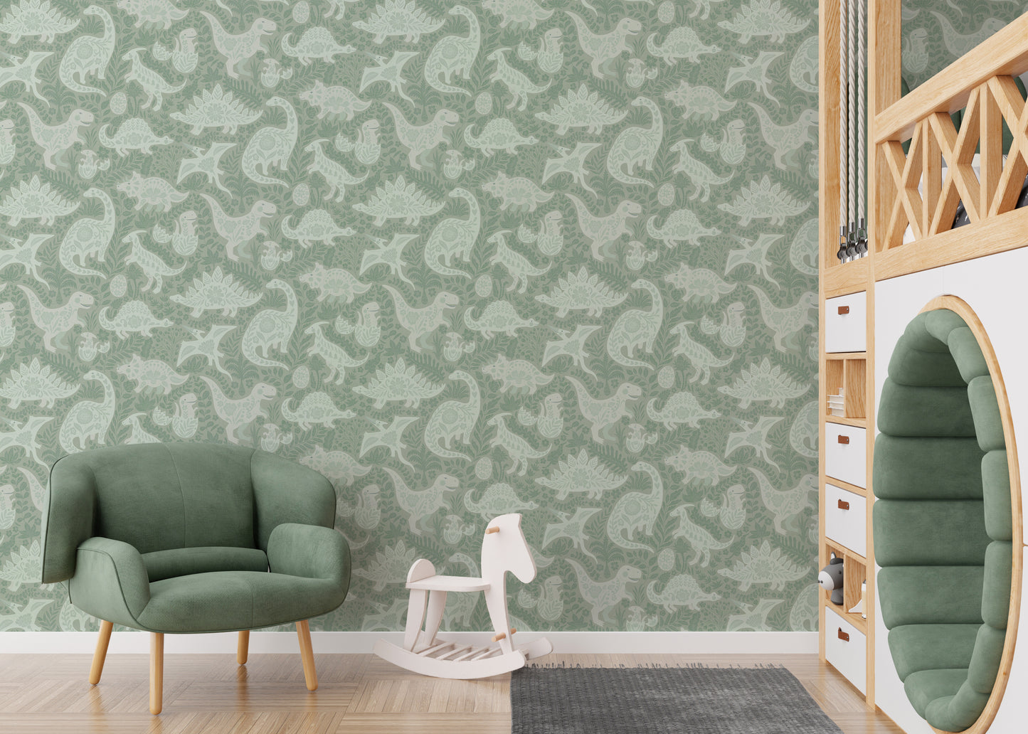Sage Green Dinosaurs Folk Art   Wallpaper⁠