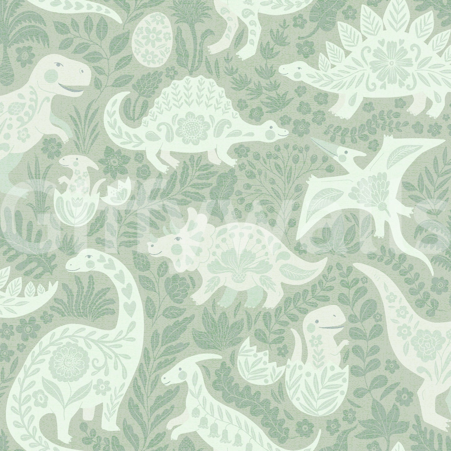 Sage Green Dinosaurs Folk Art   Wallpaper⁠