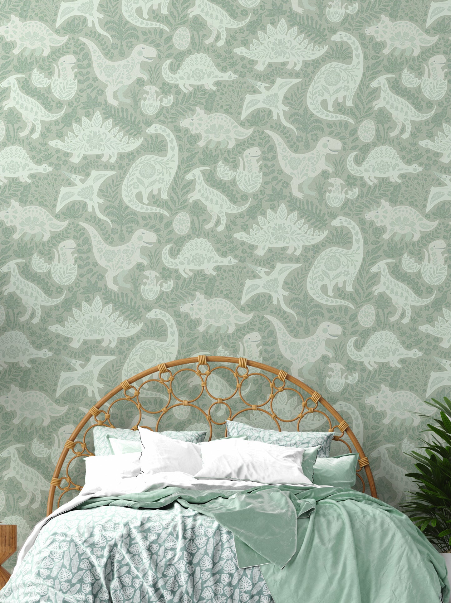 Sage Green Dinosaurs Folk Art   Wallpaper⁠