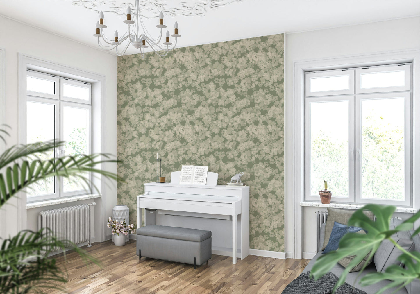 Soft floral pattern, impressionistic style, creamy white blossoms, calming interior.