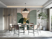 Calm bedroom with sage green abstract wallpaper

