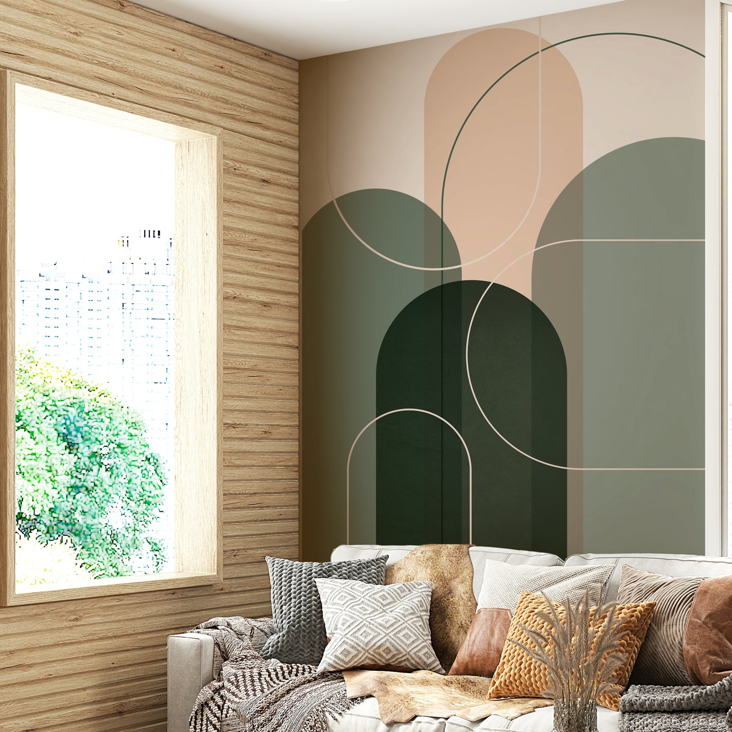 Organic flowing wallpaper in muted green tones

