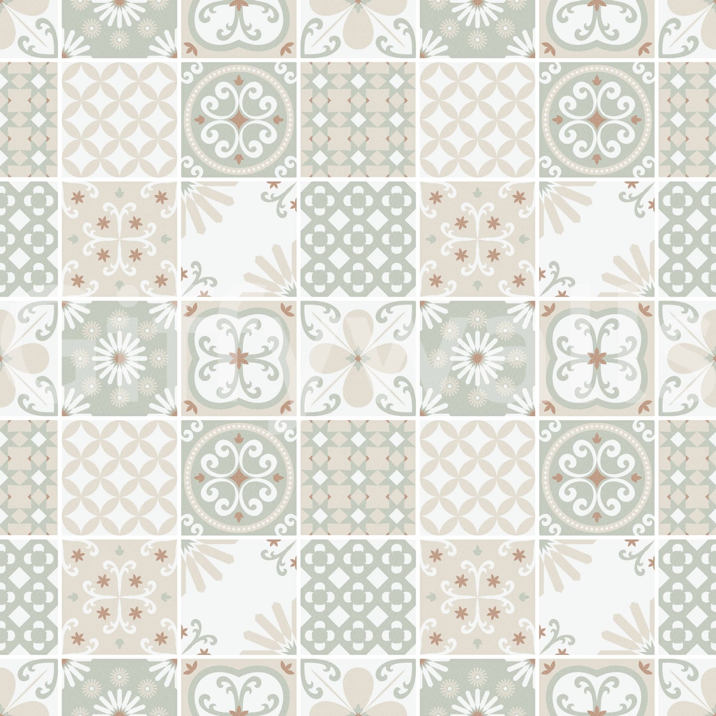 Vintage Folk Tiles – Sage Green Wallpaper⁠