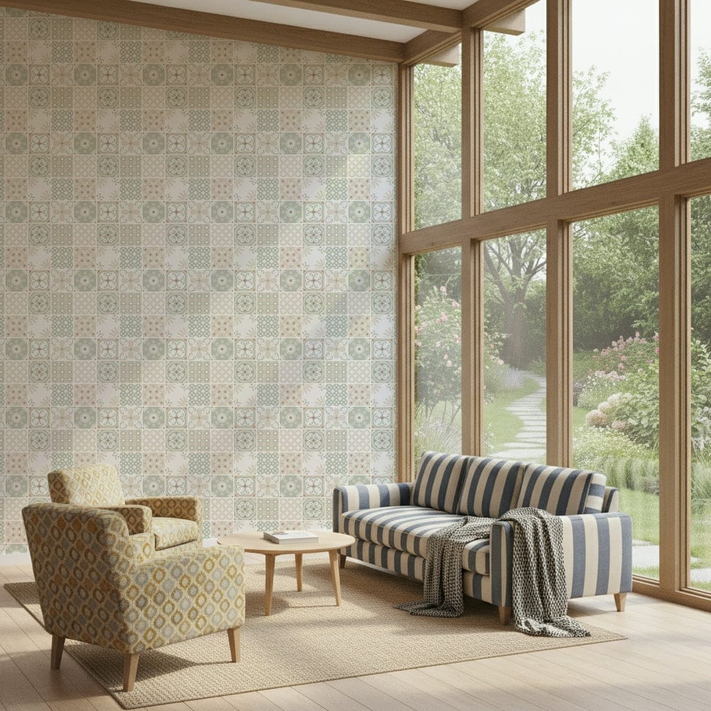 Vintage Folk Tiles – Sage Green Wallpaper⁠