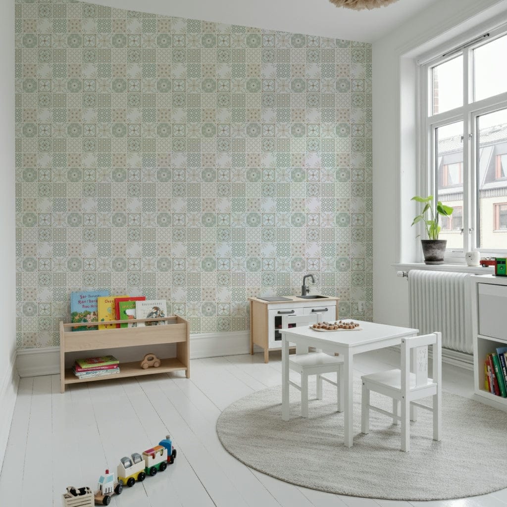Vintage Folk Tiles – Sage Green Wallpaper⁠