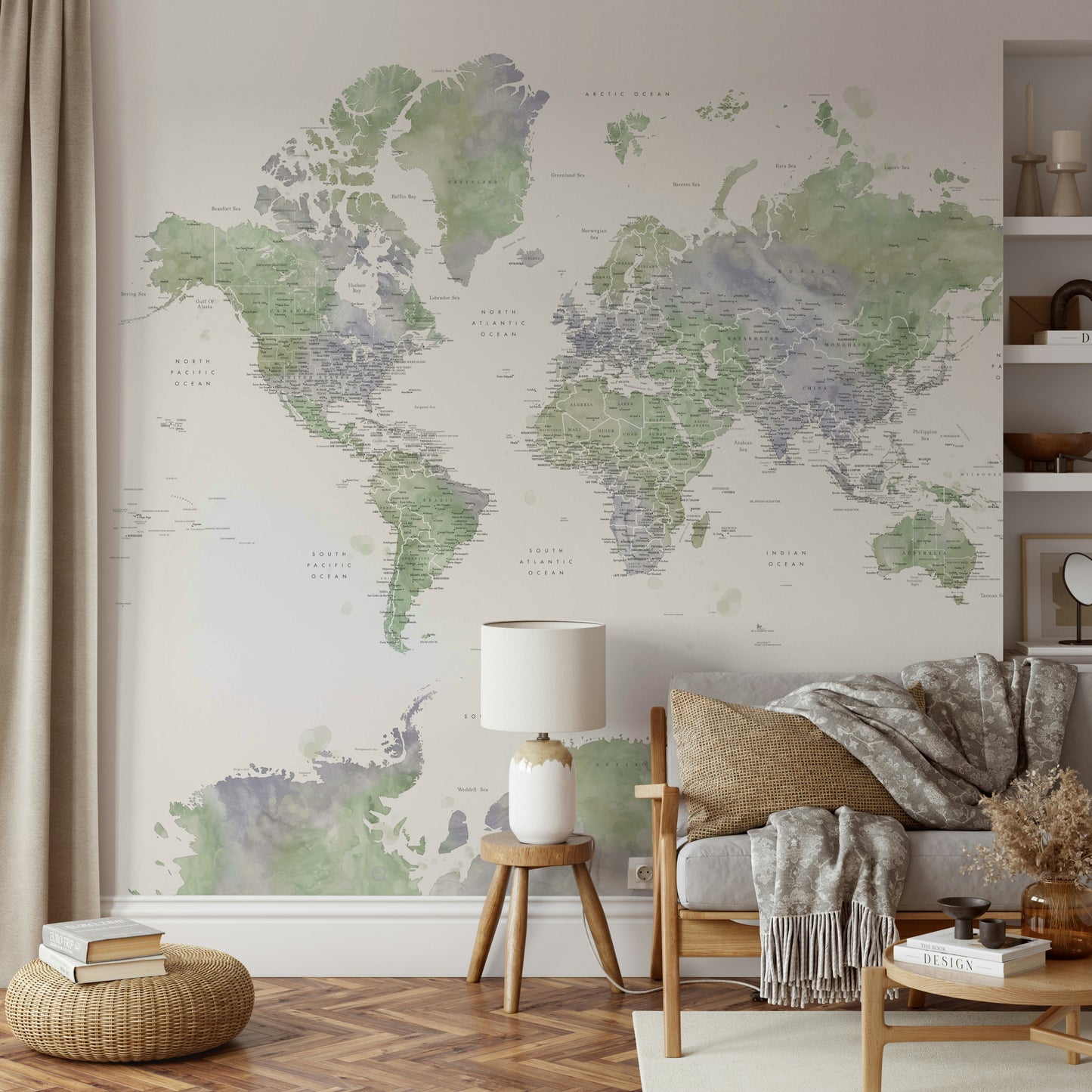 Earthy watercolor map wallpaper in sage green hues

