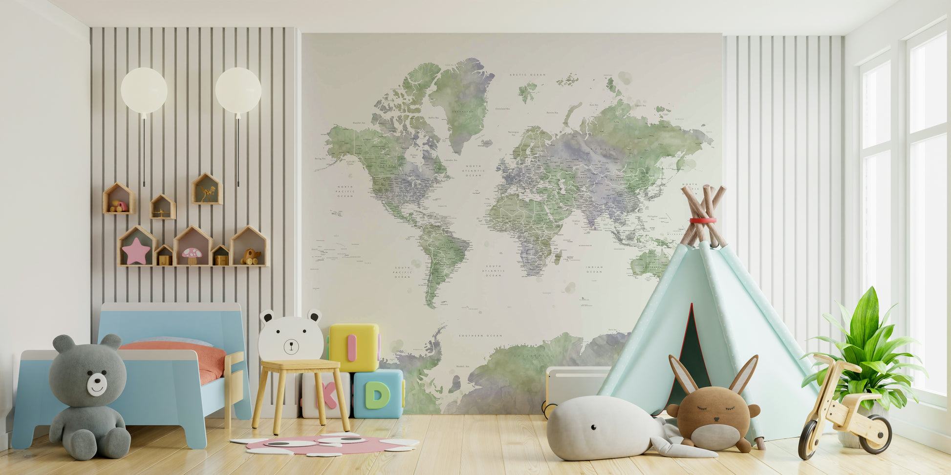 Peel and stick sage map wallpaper with global design

