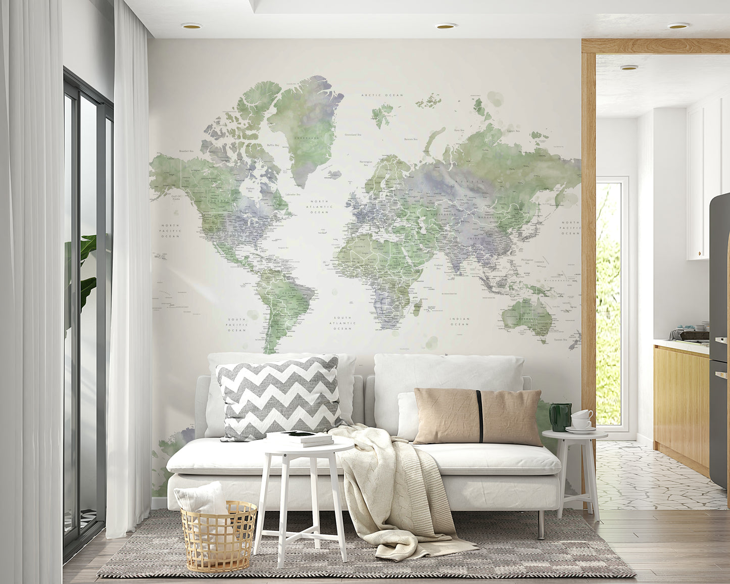 Soft sage map mural with watercolor style


