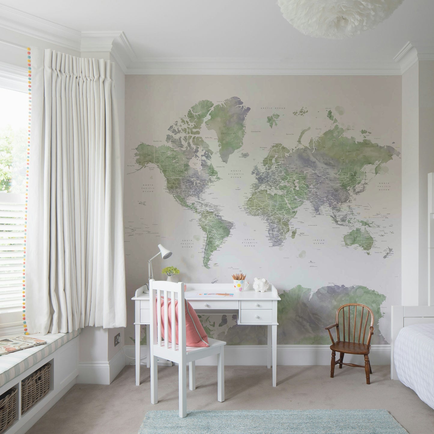 Sage green watercolor world map wallpaper for walls

