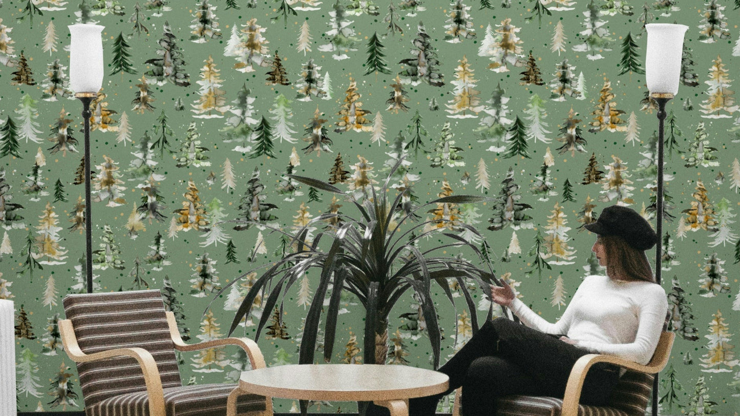 Watercolor Pines Forest Wallpaper in sage green tones.

