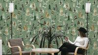 Watercolor Pines Forest Wallpaper in sage green tones.

