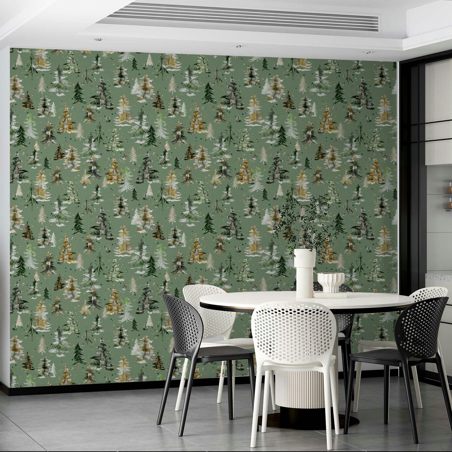 Tree wallpaper with sage green woodland scenery.

