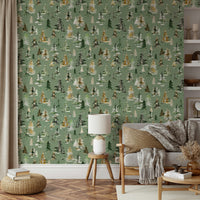 Peaceful pine forest wallpaper with a light watercolor touch.

