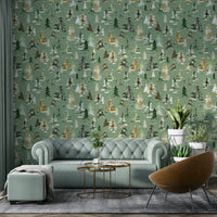 Sage green forest wallpaper with watercolor woodland style.

