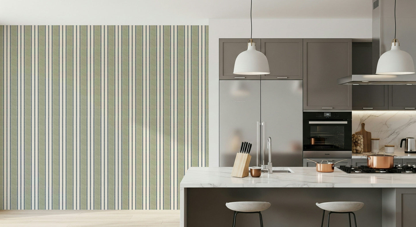 Classic green and white striped wallpaper blending traditional and modern preppy design.