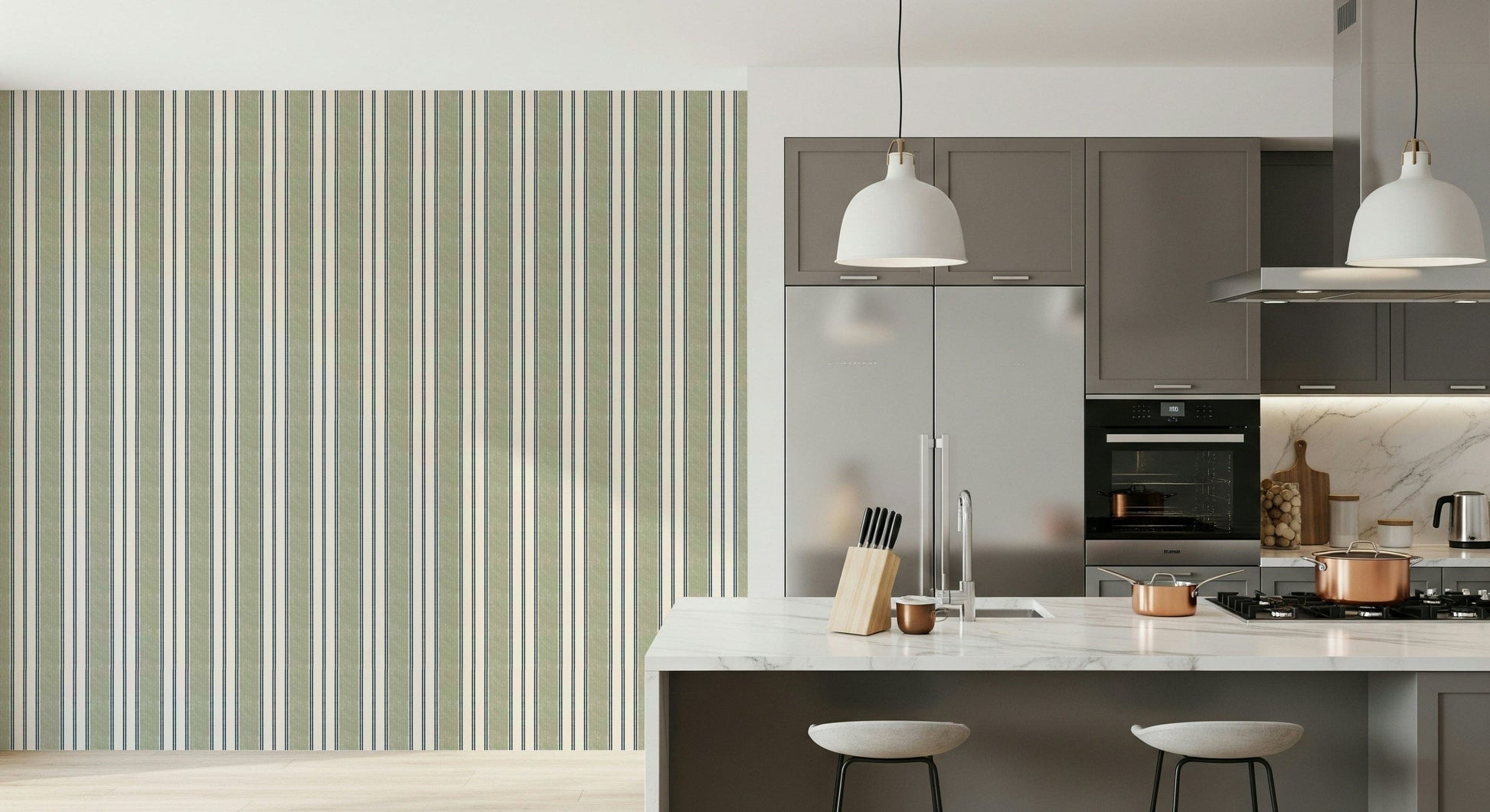 Classic green and white striped wallpaper blending traditional and modern preppy design.
