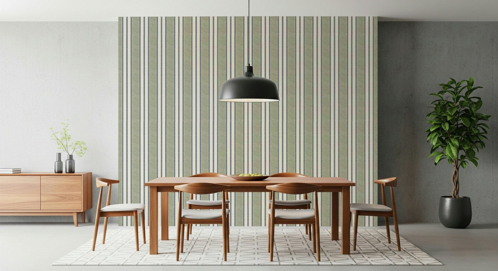 Preppy ticking stripe wallpaper in soft green tones for classic home decor.
