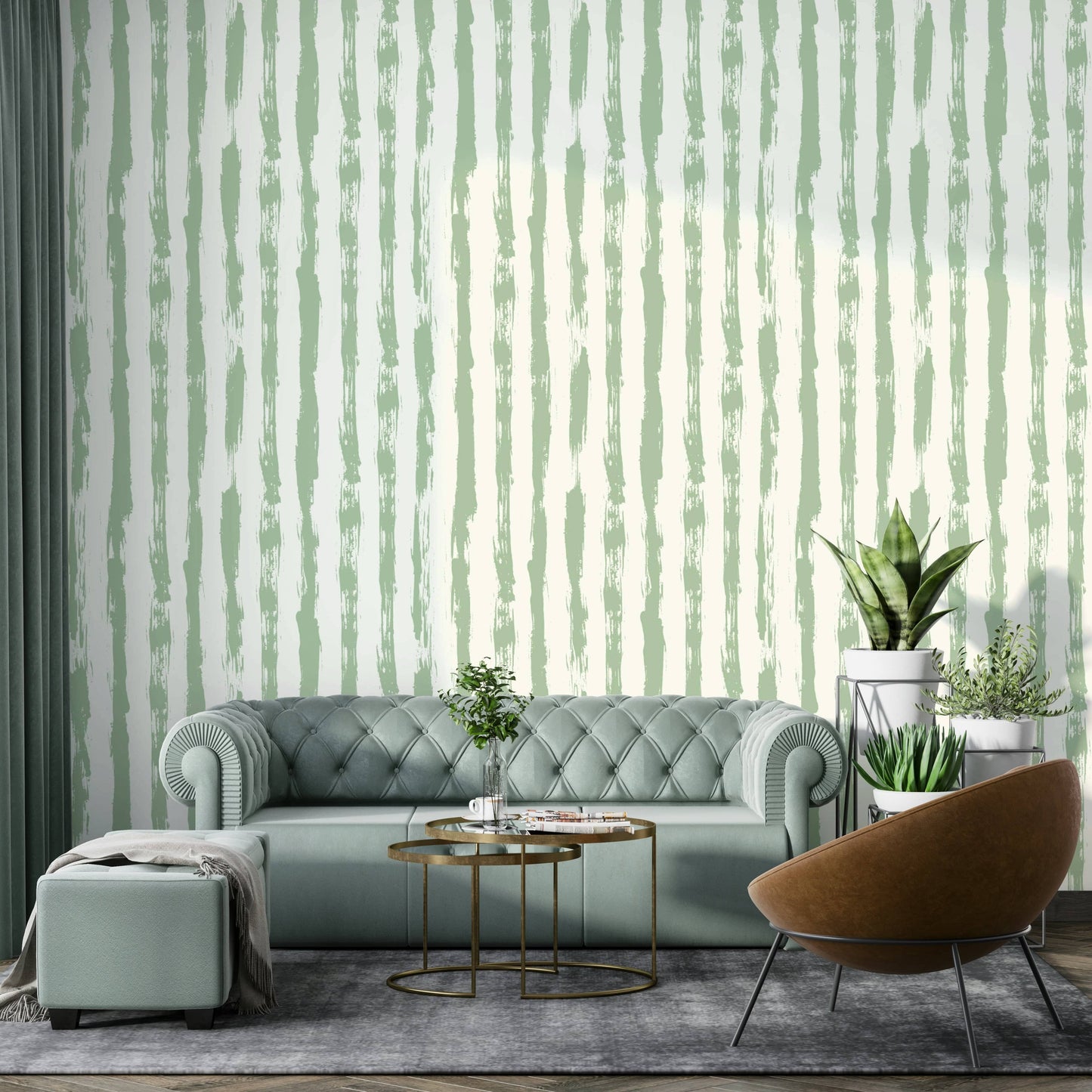 The colors are soft and muted, with various shades of sage green and a light background.
