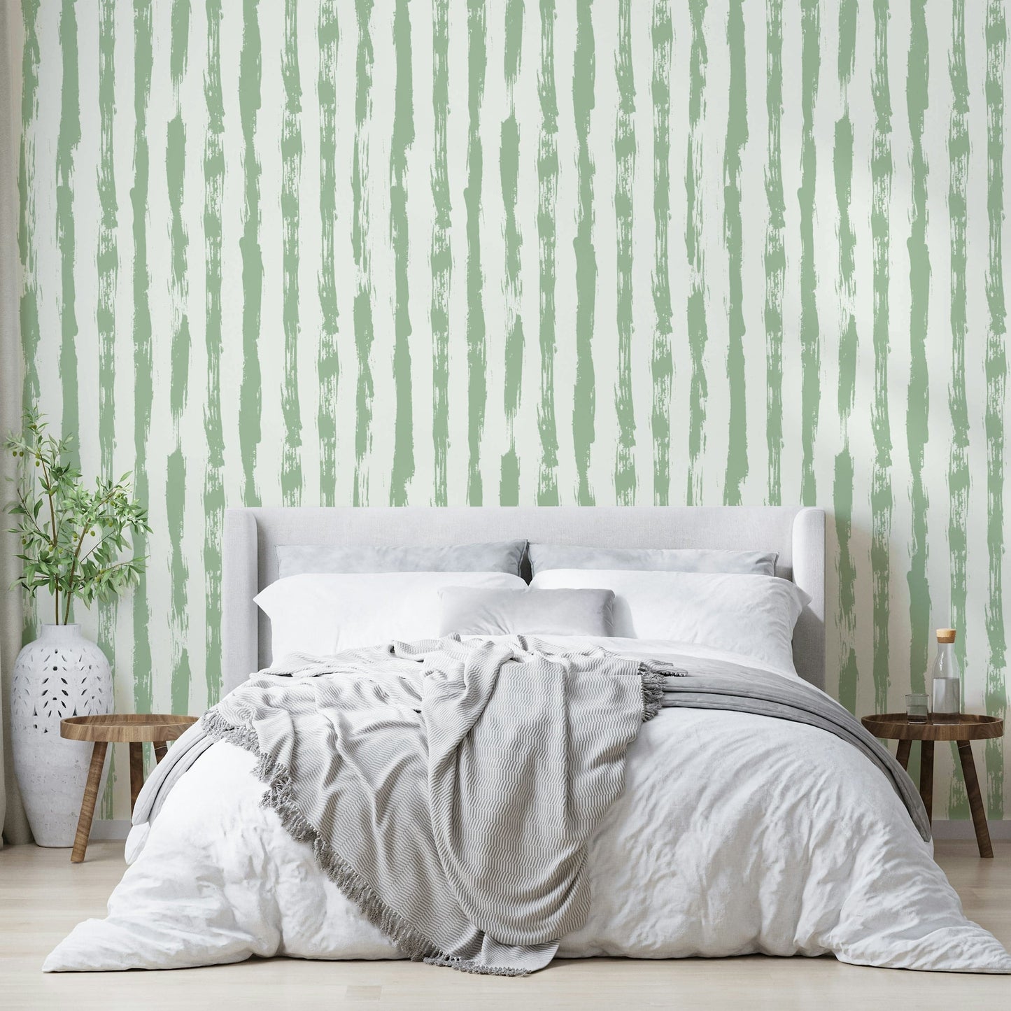 The image features abstract stripes that run vertically across the wall.
