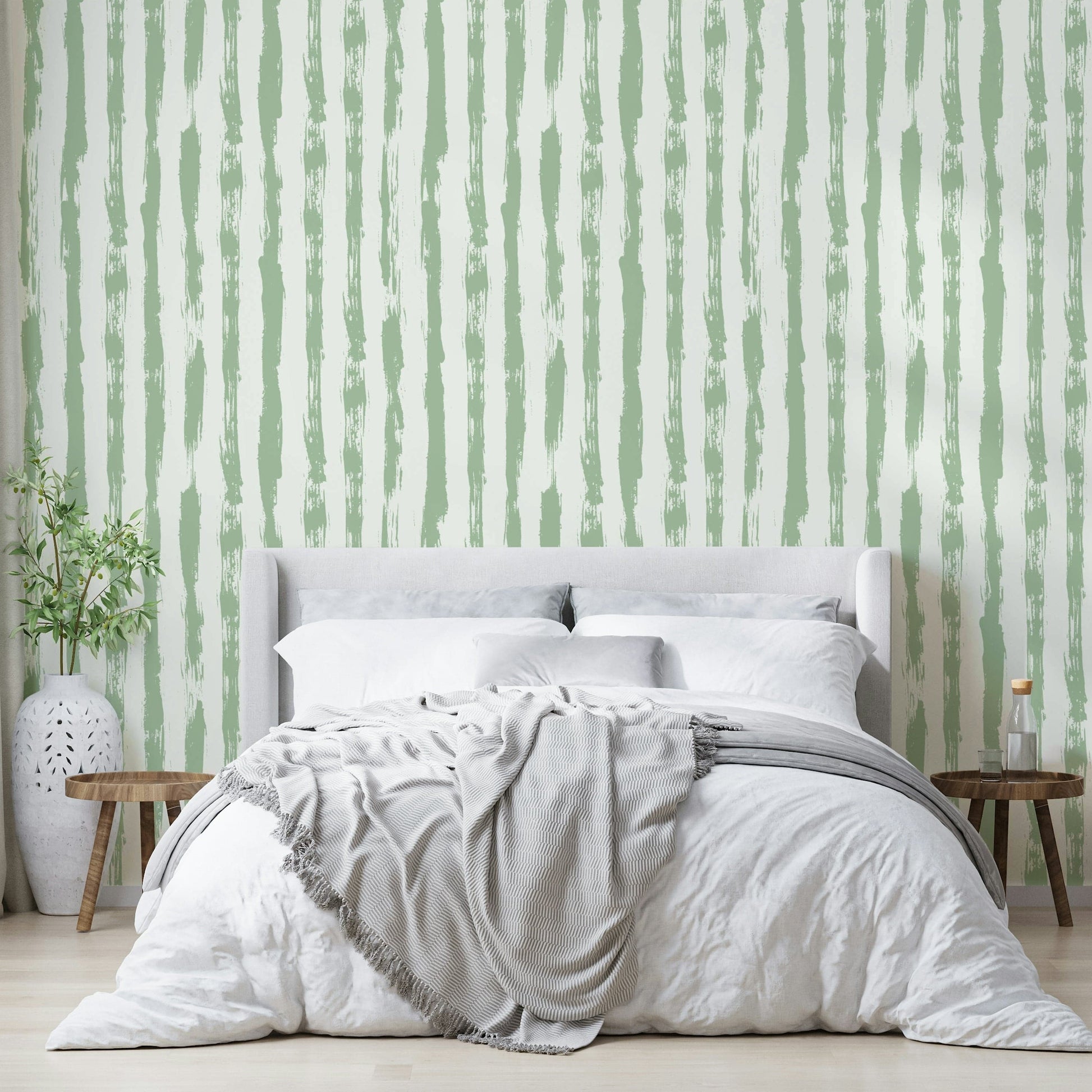 The image features abstract stripes that run vertically across the wall.
