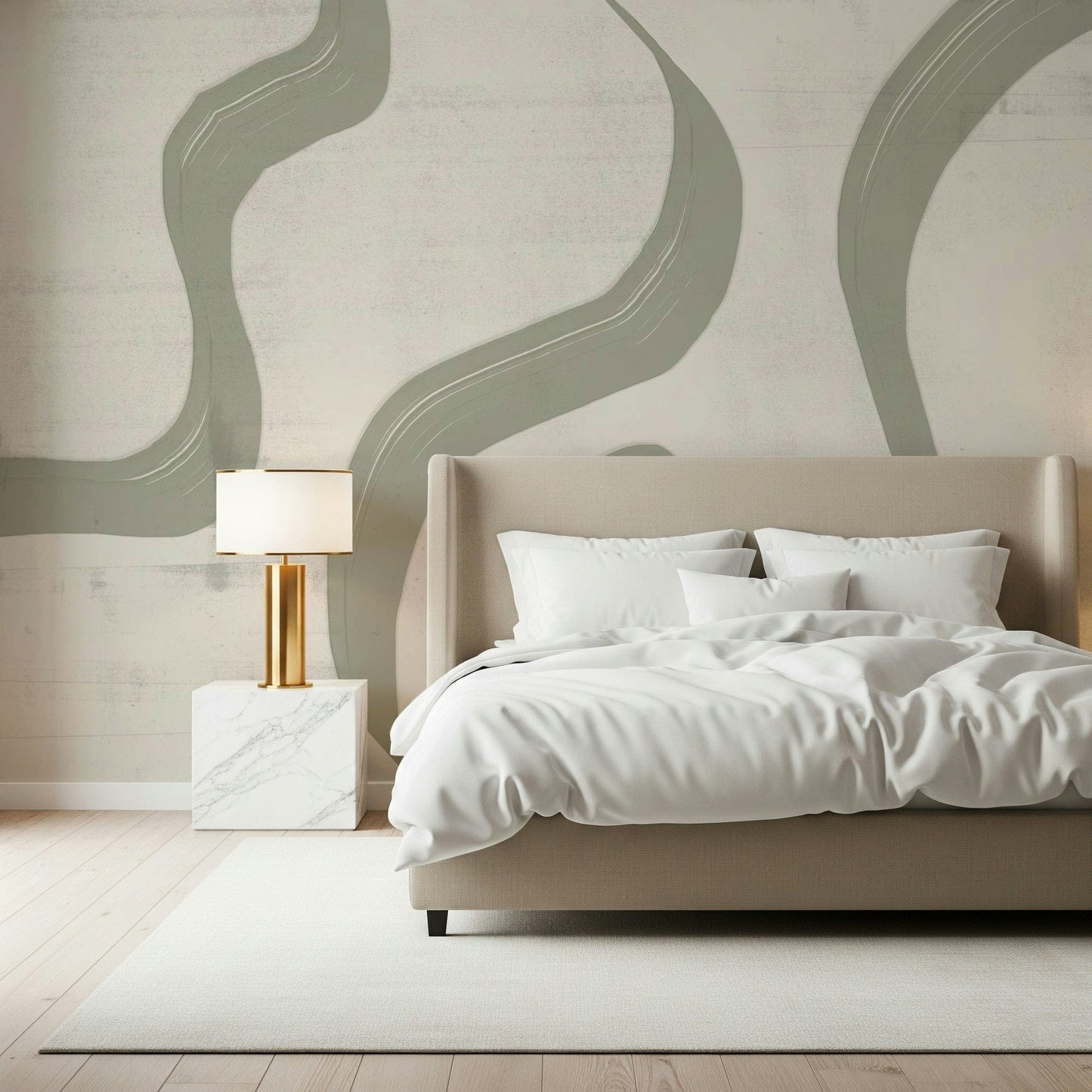 A calming abstract design wallpaper mural that defines a space.