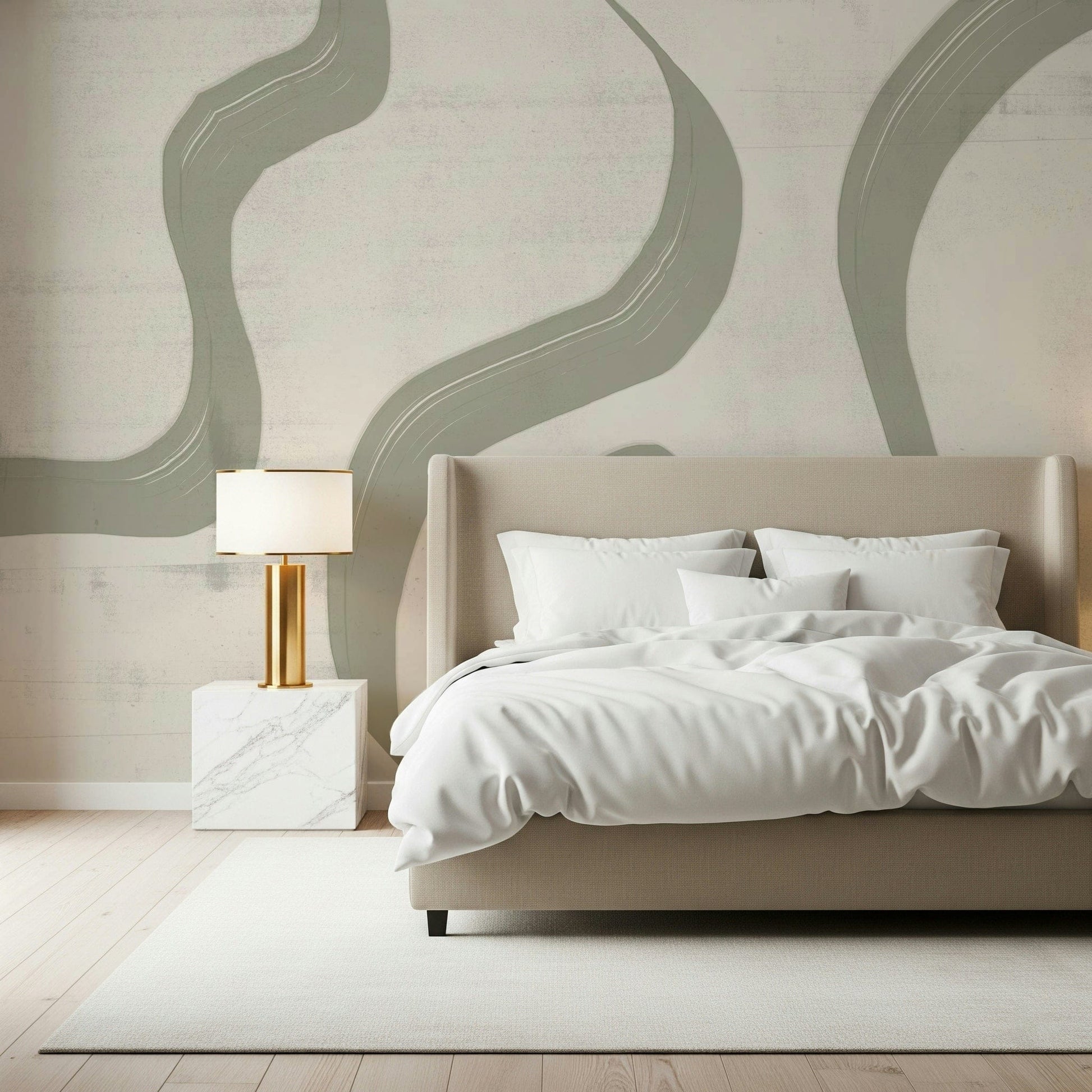 A calming abstract design wallpaper mural that defines a space.