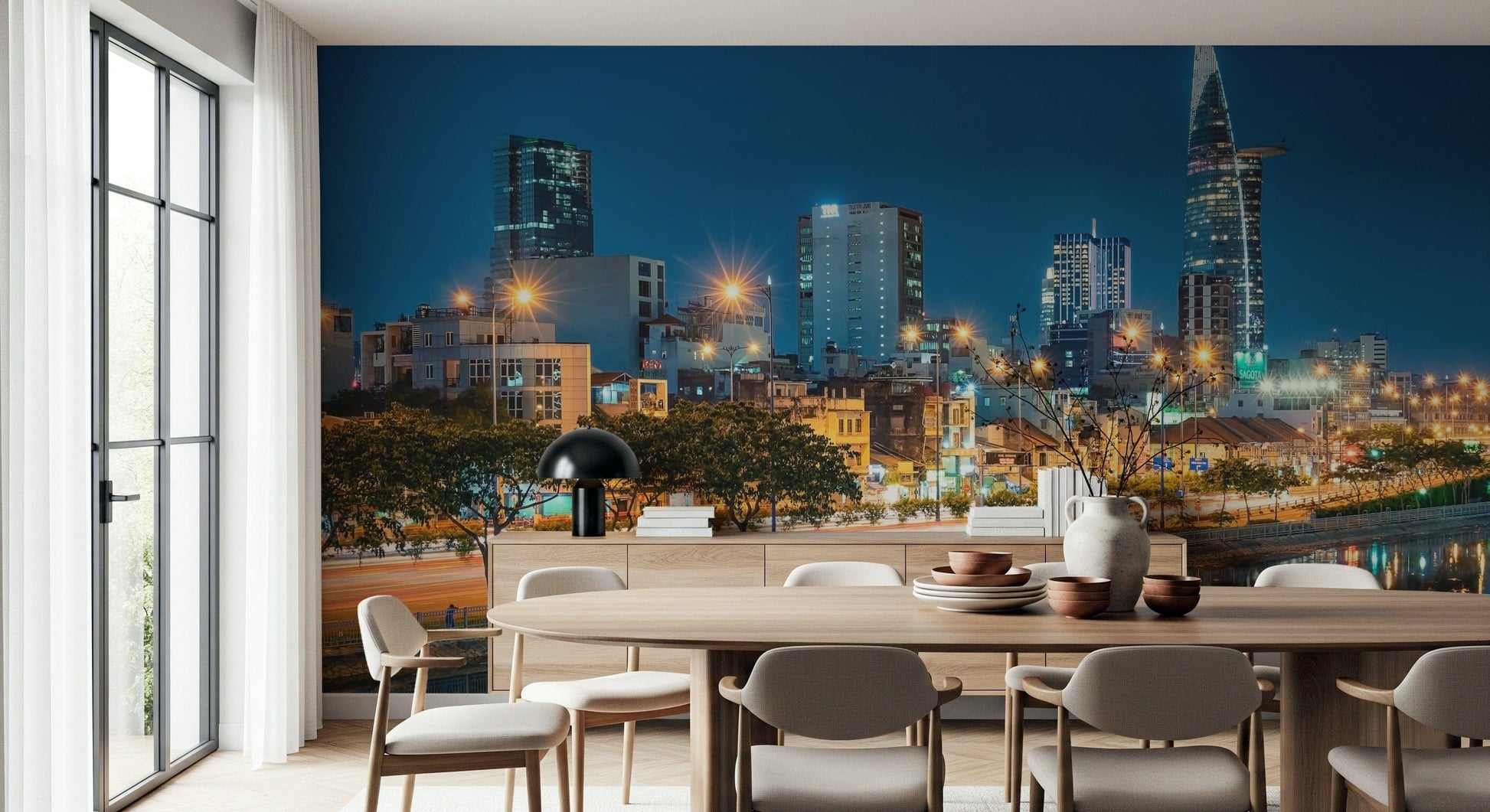 Vietnam city skyline night wall mural featuring Saigon downtown view