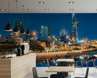 Saigon skyline mural wallpaper showing nighttime city lights panorama